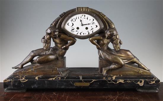 Van Der Voorde. An Art Deco bronze spelter mantel clock, 26in.